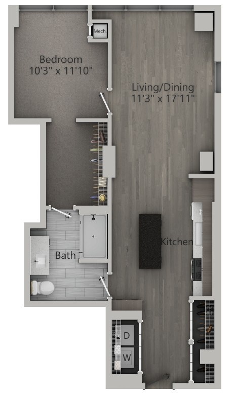 Floor plan for 1 bed, 1 bath, 791 sqft